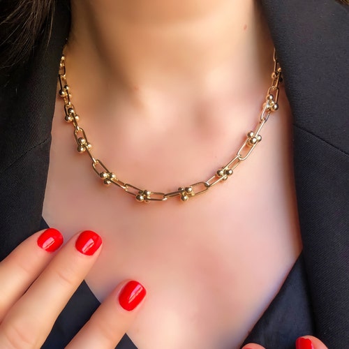 14K Solid Gold U Link Necklace/real 