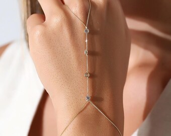 14K Solid Gold Cz Hand Slave Bracelet