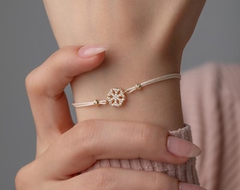 14K Gold Snowflake Bracelet, Dainty White Cord Bracelet, Adjustable Gold Charm Bracelet, Minimalist Everyday Gift for Her-Christmas Gift