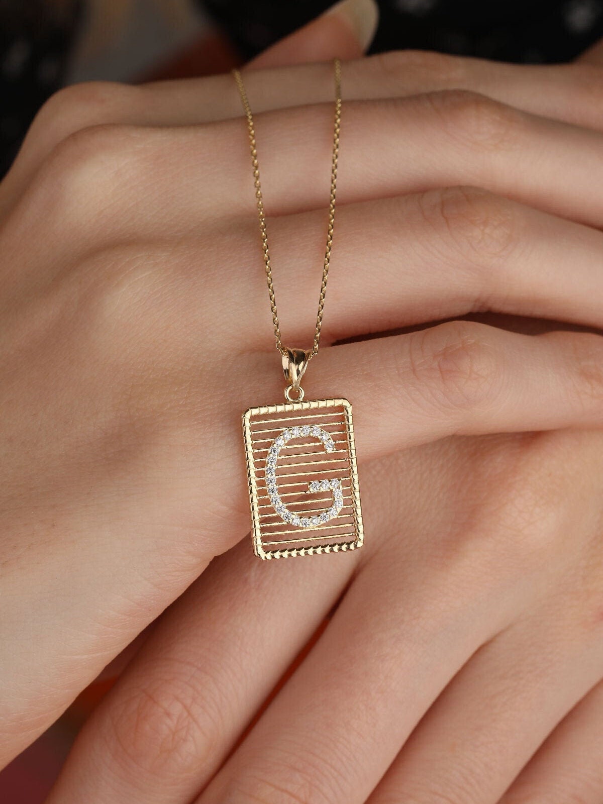 14k Gold Square Initial Vintage Necklace Dainty Gold Initial Etsy