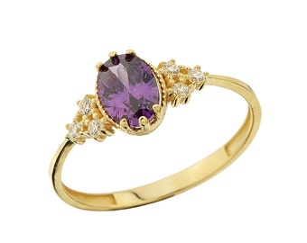14K Gold Oval Amethyst Birthstone Band Ring
