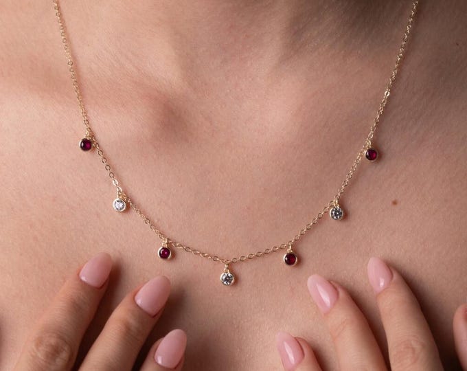 7-Station Pink Ruby &CZ Dangle Chain