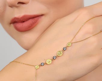14K Gold Cz Ottoman Tughra Hand Chain