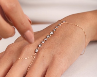 14K Gold Cz Hand Chain Bracelet