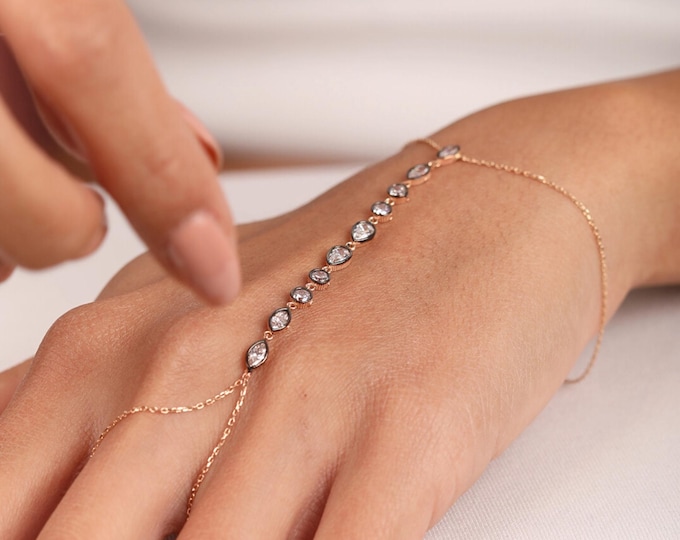 14K Gold Cz Hand Chain Bracelet