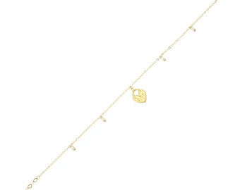 14K Real Gold Heart Lock Anklet Bracelet/ Dangle Baguettes Beach Anklet/ Anklet For Women/ Summer Anklet/ Bridesmaid Gift/ Mom Gift