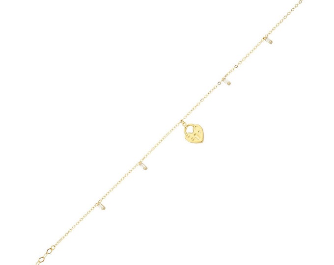 14K Real Gold Heart Lock Anklet Bracelet/ Dangle Baguettes Beach Anklet/ Anklet For Women/ Summer Anklet/ Bridesmaid Gift/ Mom Gift