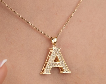 14K Gold Cz Initial Necklace