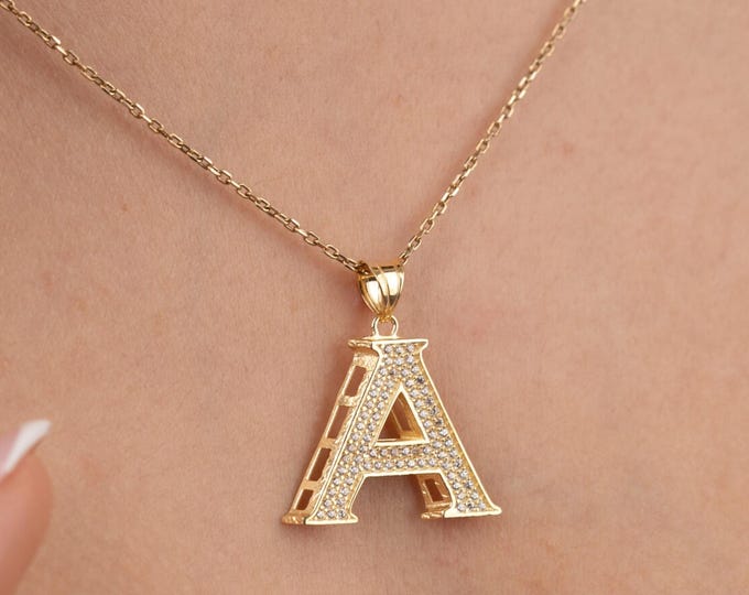 14K Gold Cz Initial Necklace