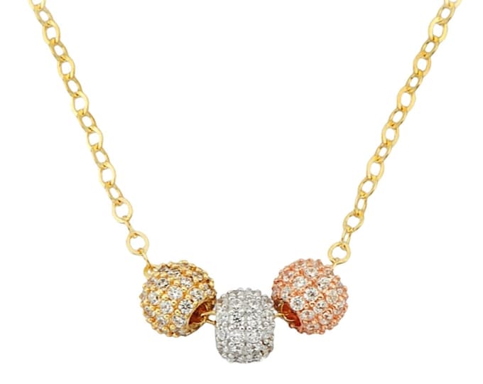 14K Italian Gold CZ Tri-Tone Three-Bead Necklace