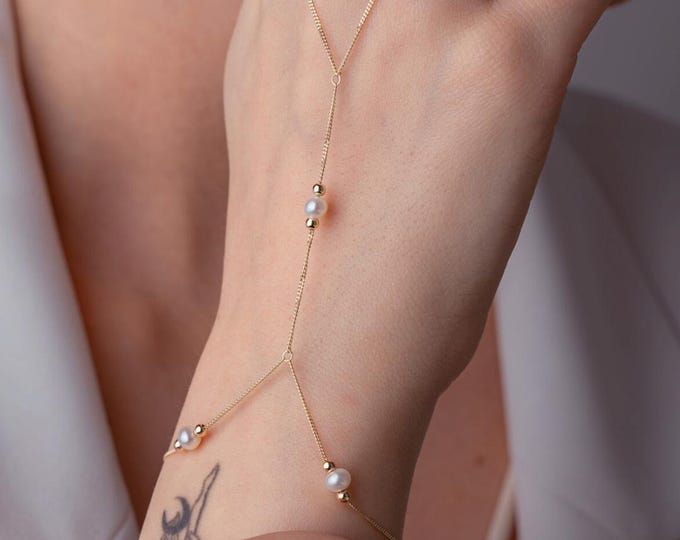 14K Gold Pearl Hand Chain