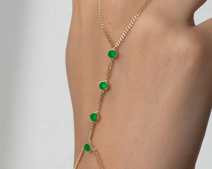 4-Stone Emerald Bezel Set Hand Chain Bracelet