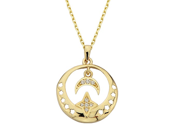 14k Gold Cz Moon Star Necklace