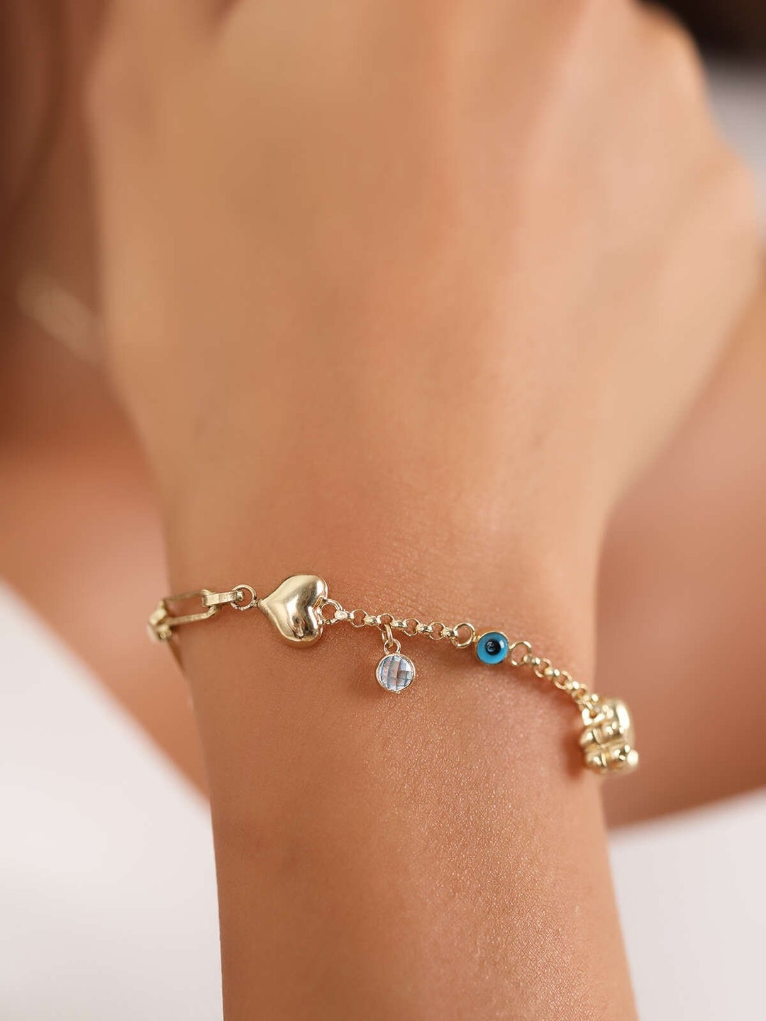 14K Gold Paperclip Chain W/ Puffy Hearts Starbracelet- Italian Chunky ...