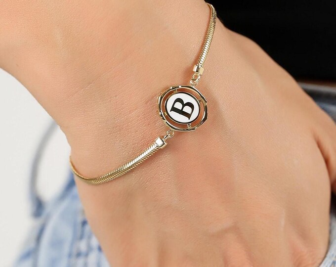 14K Gold Initial Bracelet, Personalized Enamel Letter Bracelet W/ Snake Chain, Christmas Gift