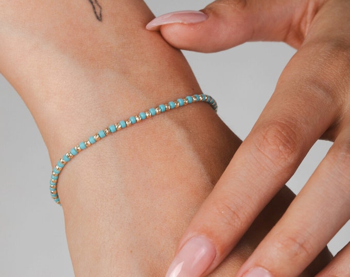 14K Gold Dorika Bracelet with Turquoise Beads - Summer Jewelry- Wedding Jewelry - Birthday Gift - Bridal Gift