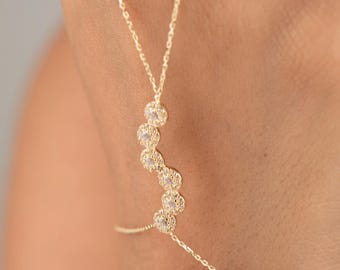 14K Gold Hand Chain Bracelet W/ Cz Cluster Design