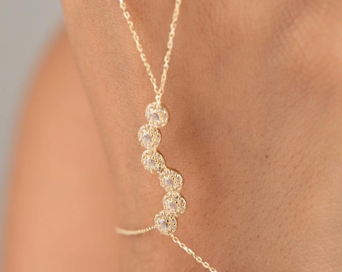 14K Gold Hand Chain Bracelet W/ Cz Cluster Design