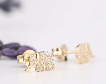 14K Solid Gold Elephant Stud Earrings