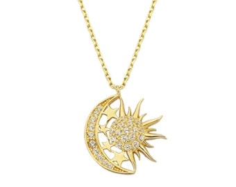14K Gold Half Moon Star W/Sun Necklace