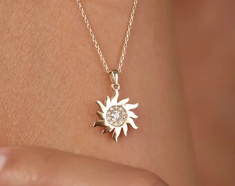 14K Solid Gold Cz Sun Necklace