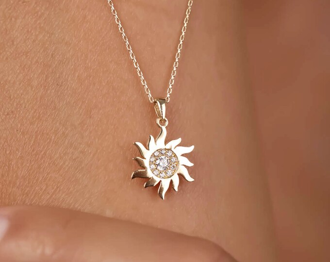 14K Solid Gold Cz Sun Necklace
