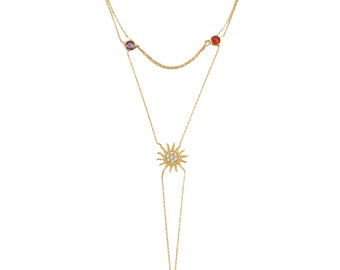 14K Gold Sun Hand Chain Bracelet-  Birthstone W/Sun Slave Bracelet- Cz Sunshine Hand Bracelet- Summer Hand Chain- Birthday Gift Her