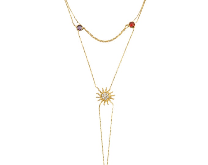 14K Gold Sun Hand Chain Bracelet-  Birthstone W/Sun Slave Bracelet- Cz Sunshine Hand Bracelet- Summer Hand Chain- Birthday Gift Her