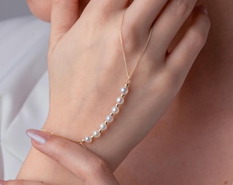 14K Gold Pearl Hand Chain