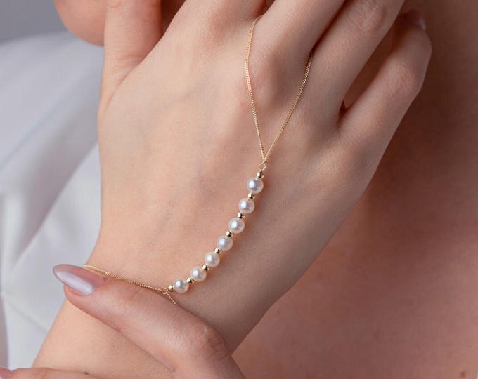 14K Gold Pearl Hand Chain