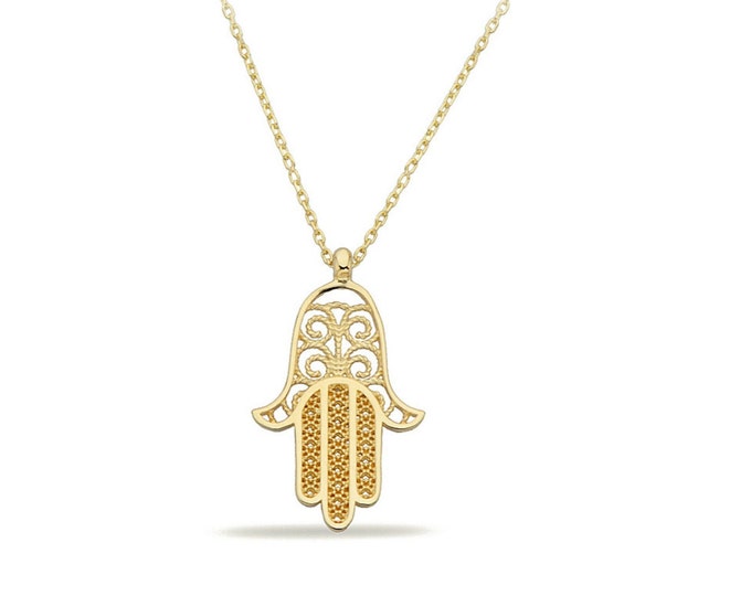 14K Solid Gold Hamsa Necklace -Filigree Hand of Fatima Necklace- Hamsa Hand Jewelry- Protection Necklace-Christmas Gift-Anniversary Gift