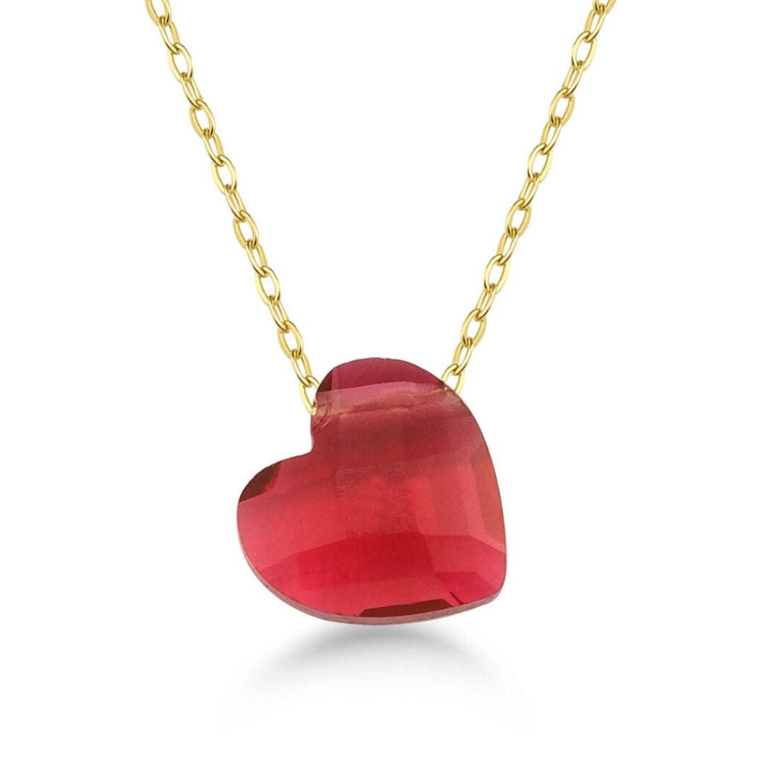 Ruby Heart Shaped Necklace 14K Gold Red Heart Necklace Minimalist Red