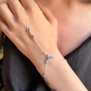 Blue Topaz Hand Chain Bracelet-  Dainty Gold Blue Pear Stones Slave Bracelet- Gold Finger Ring Bracelet-Vintage Hand Chain- Birthday Gift