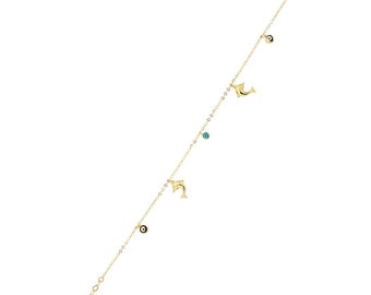 14K Gold Dangle Dolphin Anklet Bracelet- Foot Beach Anklet- Evil eye Anklet- Layered Anklet- Beach Jewelry- Gift For Bridal