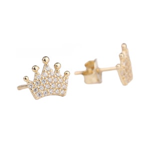 14K Gold CZ Crown Stud Earrings: Dainty Princess Jewelry