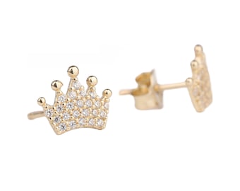 14K Gold Cz Crown Stud  Earrings