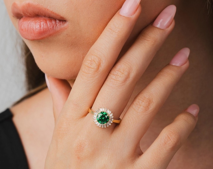 14K Gold Sunburst Ring with CZ Round Emerald and Baguettes