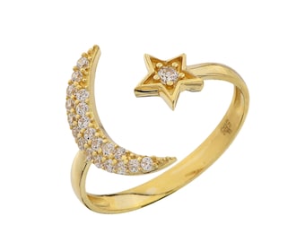14K Gold Open Cz Moon & Star Ring
