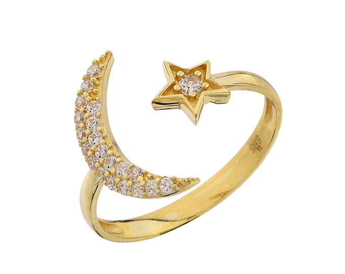 14K Gold Open Cz Moon & Star Ring