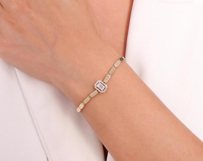 14K Gold Flat Bar Link Chain W/ Baguette Halo Bracelet , Cz Emerald Cut Halo Bracelet for Women, Fine Jewelry Gift for Her, Christmas Gift