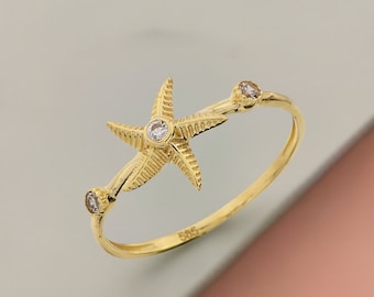 14K Gold CZ Starfish Ring-