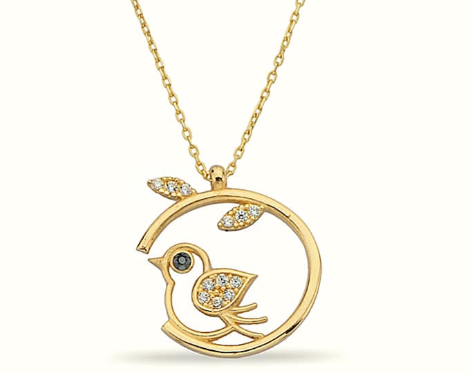 14K Solid Gold Bird Necklace