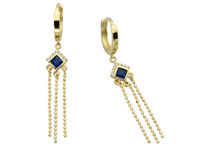 14K Gold Chain Huggie Earrings- Sapphire Huggie Hoop Earrings  W/Ball Chains- Vintage Party Earrings- Wedding Gift- Anniversary Gift