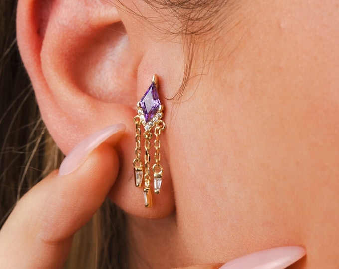 14K Gold Kite Sapphire Dangle Chains Earrings- Vintage Dangle Earrings- Party Earrings-Wedding Earrings- Anniversary Gift- Bridal Earrings