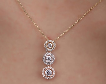 14K Gold Tri-Tone Trio Cz Necklace