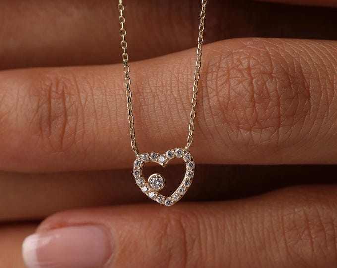 14K Gold Open Heart Necklace W/ CZ Pave