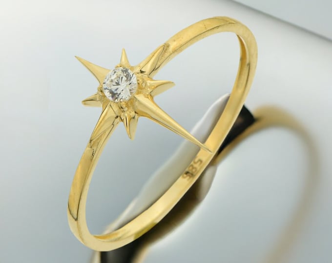 14K Gold Cz North Star Ring- Stacking North Star Celestial Ring-  Dazzling Star Ring- Gold Polaris Ring- Layering Ring- Birthday Gift