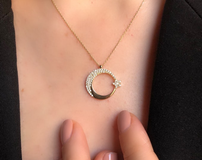 14K Solid Gold Cz Moon & Star Necklace