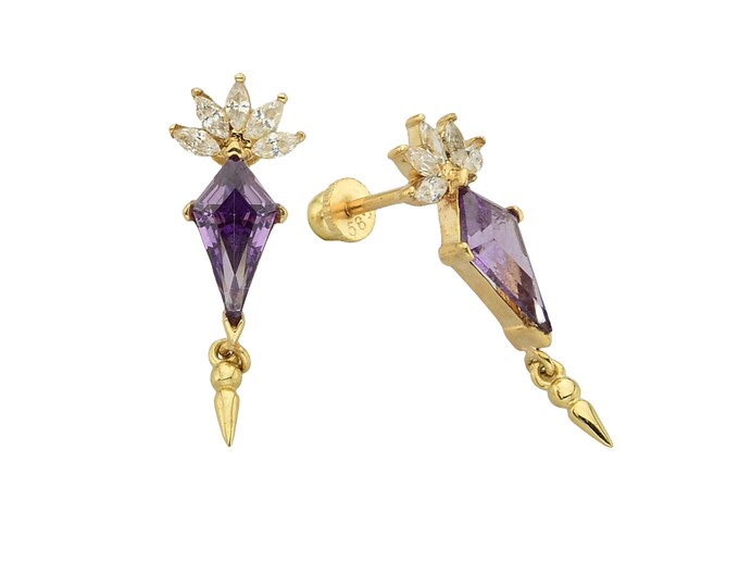 14K Gold Kite Cut Amethyst Earrings W/ Marquise