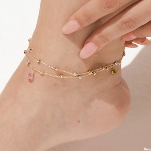 Elegant Double-Strand Gold Necklace with Multi-Colored Crystal Charms – Beach Anklet- Gift For Bridal - Anniversary Gift
